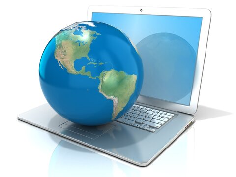 Laptop with illustration of earth globe, America view. 3D rendering isolated on white background. Elements of this image furnished by NASA
