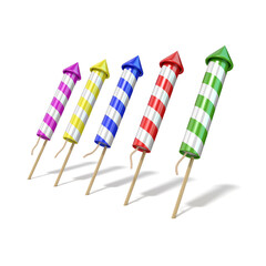 Colorful fireworks rockets. 3D render illustration isolated on white background
