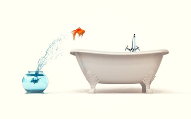 Need more space concept - goldfish jumping from bowl in bath. 3d render illustartion
