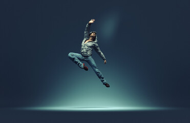 Fototapeta na wymiar Jumping man strikes pose. This is a 3d render illustration