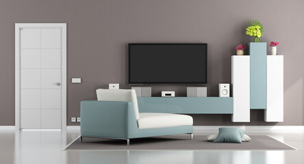 Modern living room with tv on wall and chaise lounge - 3d rendering