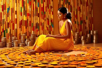 A woman sitting on a wooden floor, in the style of indian traditions, celebrate a Onam for kerala generative ai 