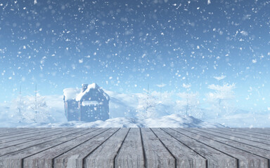 3D render of a wooden table looking out to a snowy landscape