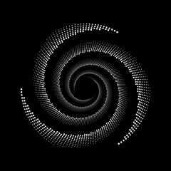 Circle abstract background  with dynamic halftone dots in spiral. White shape on a black background.
