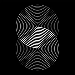 Two circles in a spiral or infinity symbol. Art lines illustration as logo or tattoo, icon.