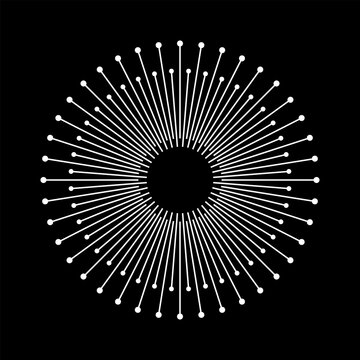 Circle with white lines on a black background like sun concept. Can be used as an icon, logo, tattoo.