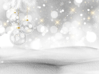 3D render of a snowy landscape with hanging Christmas decorations