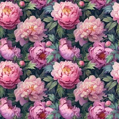 Seamless floral pattern with pink and violet peonies on dark background. Template design for textiles, interior, clothes, wallpaper. Botanical art