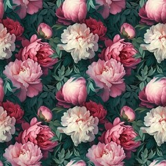 Seamless floral pattern with pink and violet peonies on dark background. Template design for textiles, interior, clothes, wallpaper. Botanical art