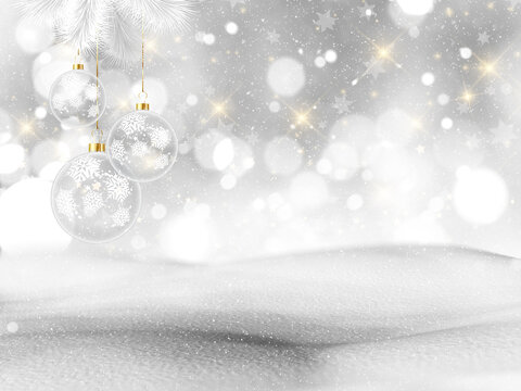 3D render of a snowy landscape with hanging Christmas decorations