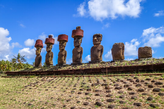 Moais statues site ahu Nao Nao on anakena beach, easter island, Chile