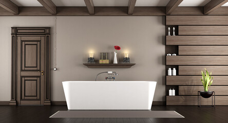 Fototapeta na wymiar Modern bathtub in a classic bathroom with dark wooden panels,closed door and roof beams - 3d rendering
