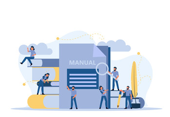 Man and woman create document book manual. Business handbook advice content vector. Online web paper digital illustration article journalism. Social marketing blogging design. Promotion banner guide - obrazy, fototapety, plakaty