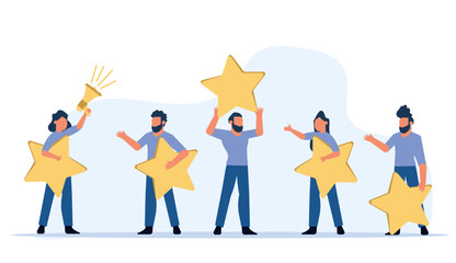Customer review five star choice vector illustration satisfaction man and woman. Concept business success feedback good quality service. Best rate background experience vote client banner. Award like
