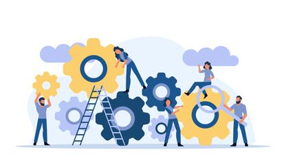 Man and woman business organization with circle gear vector concept illustration mechanism teamwork. Skill job cooperation coworker person. Group company process development structure workforce banner - obrazy, fototapety, plakaty