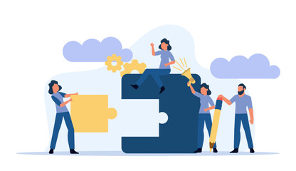 Man and woman create business puzzle vector concept illustration work. Concept piece idea teamwork jigsaw design. Solution cooperation challenge connect. Banner solve goal office strategy