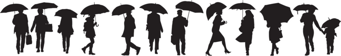Black silhouettes of people, man and woman under umbrella. Vector illustrations. © SlayStorm