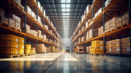 Fototapeta premium Large industrial warehouse interior view with high racks and high shelves. In the foreground are a lot of cardboard boxes. Generative AI