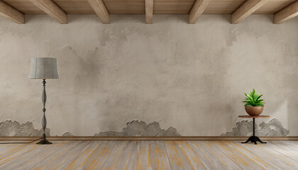 Empty grunge room with old wall hardwood floor and wooden ceiling - 3d rendering