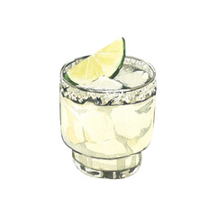 Watercolor summer cocktail spicy lime margarita in a short glass. Hand-drawn illustration isolated on white background. Perfect for recipe lists with drinks, brochures for cafe
