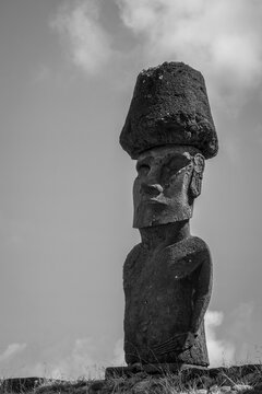 Moais statues site ahu Nao Nao on anakena beach, easter island, Chile. Black and white picture
