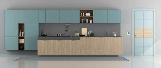 Clear blue and gray minimalist modern kitchen - 3d rendering