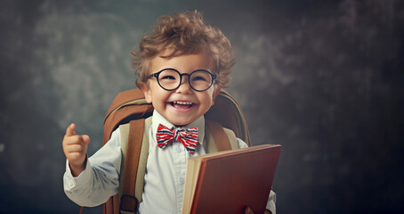 Smiling little boy with glasses stands near the blackboard. Elementary school child with book and bag. Back to school. Generative Ai content - obrazy, fototapety, plakaty