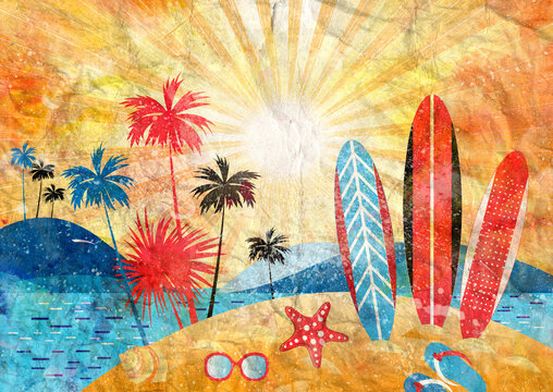 Watercolor bright summer color landscape with palm trees and beach on a sunny background