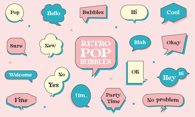 Set of speech balloons in pop art style. Retro, colorful. Isolated on pink background.