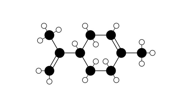 limonene molecule, structural chemical formula, ball-and-stick model, isolated image aliphatic hydrocarbon
