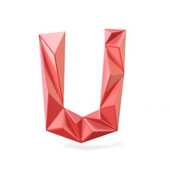 Red modern triangular font letter U. 3D render illustration isolated on white background