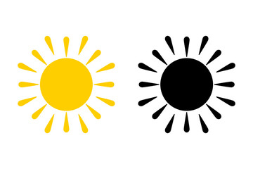 Sun icon set. Collection of yellow sun and black silhouette. Vector illustration for use as weather, sunlight, nature icon or logo isolated on white background