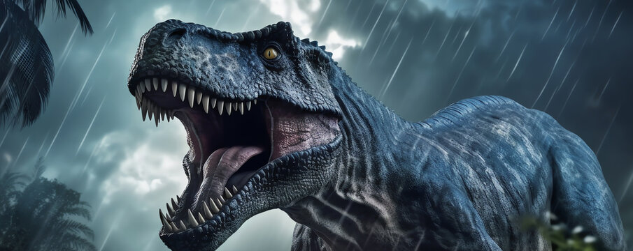 Dangerous tyrex under the rain, AI generated
