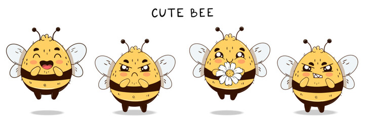 Obraz premium Set of cute emoji bee, sadness, anger, joy, chamomile flower on a white background. Vector objekts in cartoon sketch style