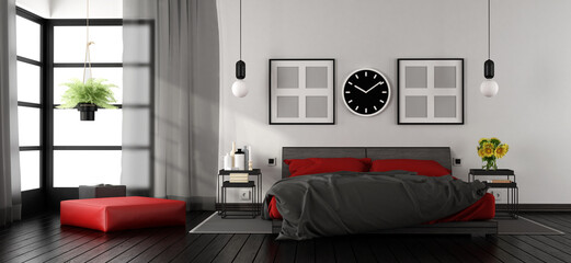 Modern master bedroom with red and black double bed,nightstand and footstool - 3d rendering