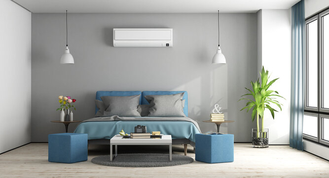 Gray and blue modern master bedroom with furniture and air conditioner - 3d rendering