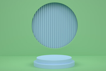 Pastel green cylinder podium with steps on blue background