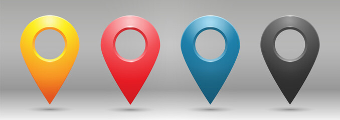 Realistic colored geolocation icons on a gray gradient background. A set of four pin-code icons of the geolocation map. Vector illustration.