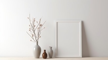 Clean and minimal frame mockup on light wall. AI generated