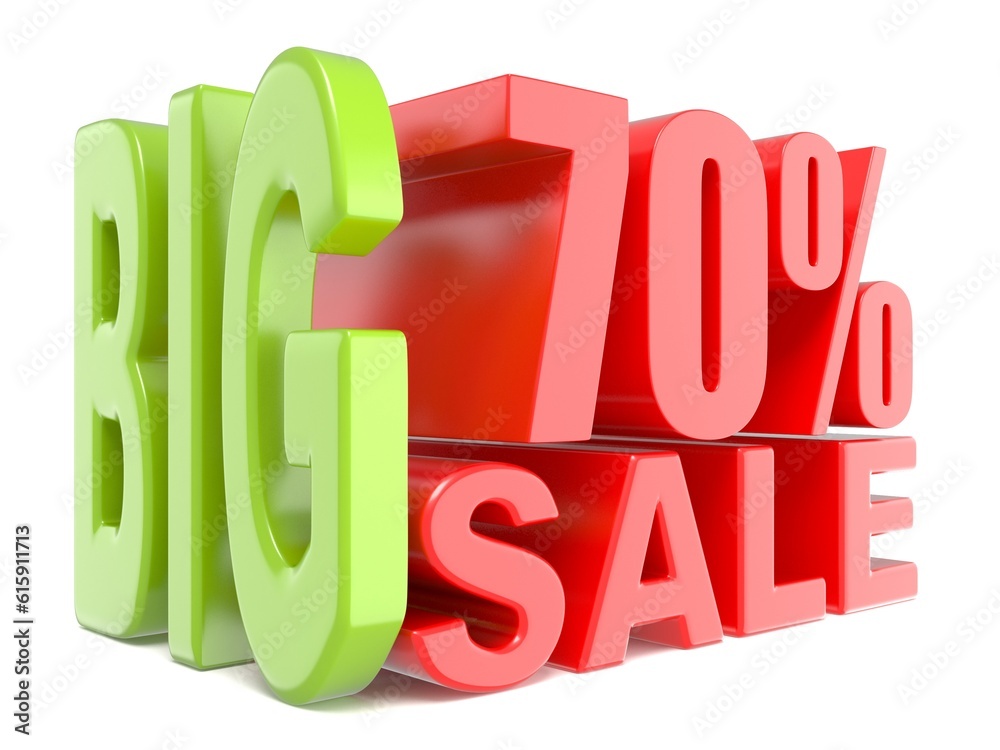 Poster Big sale and percent 70% 3D words sign. 3D render illustration isolated on white background