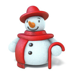 Snowman with red hat, scarf and stick 3D render illustration isolated on white background