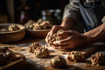 some food being made on a wooden cutting board in the background is a person's hands holding a handful of nuts