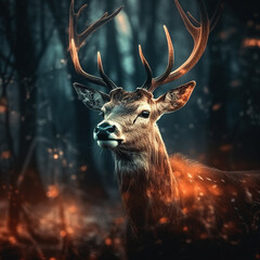 A reindeer with big antlers and all glowing Generative AI. High quality photo