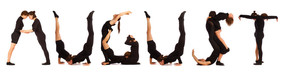 Black dressed people forming word AUGUST on white background