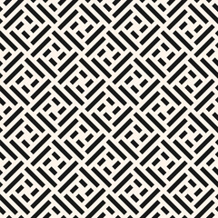 Abstract geometric seamless pattern. Stylish ornament with lines, rectangles, diagonal grid, repeat tiles. Simple black and white geo texture. Modern geometric background. Design for decor, print