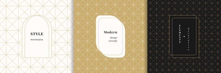 Vector minimalist geometric seamless patterns with modern minimal labels. Trendy linear square grid ornament, triangles, lines, lattice, net. Gold textures set. Premium backgrounds. Repeatable design