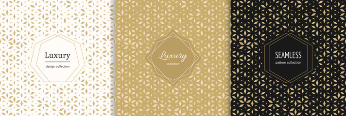 Vector golden geometric seamless patterns with modern minimal labels. Elegant minimalist floral ornament with halftone effect. Gold textures set with diamonds, small flowers. Premium background design