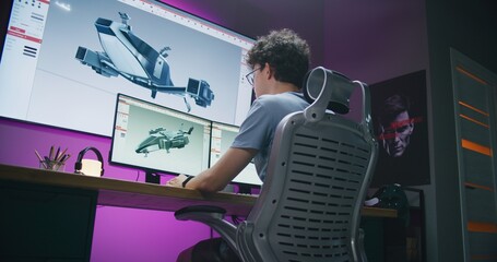 Teenage designer creates aircraft 3D visualization and prototype, works on 3D modeling project at home on computer and big digital screen with professional software interface and tools for design.