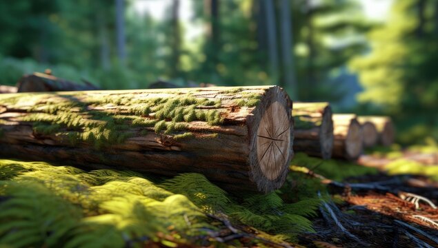 Forest pine and spruce trees. Log trunks pile, the logging timber wood industry. Wide banner or panorama wooden trunks. Created with Generative AI technology.