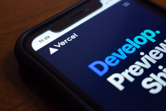 Vancouver, CANADA - Jun 19 2023 : Closeup logo of Vercel seen in its website in an iPhone. Vercel Inc. (formerly Zeit) is an US cloud PaaS company. The company is known for maintaining the Next.js